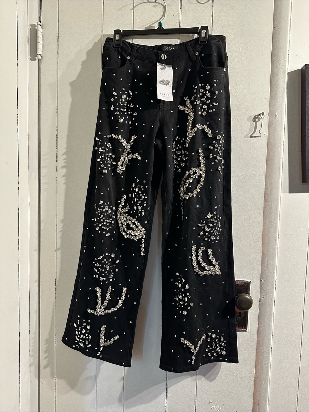 AKIRA NWT Black FULLY Embellished Jeans with RhinestoneS FRONT AND BACK wide leg